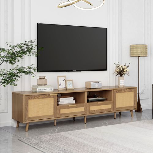 Meuble TV 200x37x49 Cm En Rotin Et Bois Chêne Avec 2 Tiroirs Et 2 Portes, Niches Pour Rangement