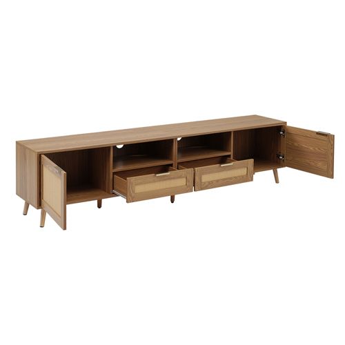 Meuble TV 200x37x49 Cm En Rotin Et Bois Chêne Avec 2 Tiroirs Et 2 Portes, Niches Pour Rangement