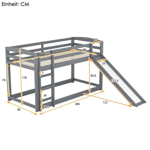 Lit Superposé Enfant 90x200 Cm En Bois De Pin Gris Avec Toboggan Et Échelle, Espace Modulable