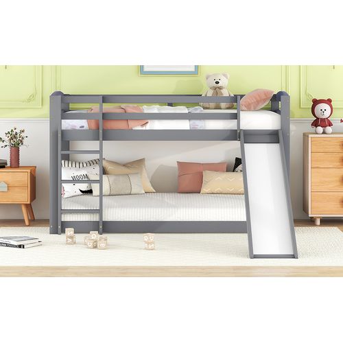 Lit Superposé Enfant 90x200 Cm En Bois De Pin Gris Avec Toboggan Et Échelle, Espace Modulable