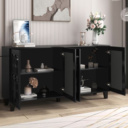 Buffet Noir Finition Miroir 160x40x84 Cm, 4 Portes, Étagères Réglables, Poignées En Cristal