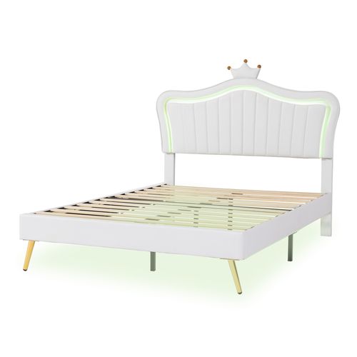 Lit Enfant 140x200 Cm Blanc Tête De Lit Coquille Couronne Avec LED Et Sommier à Lattes