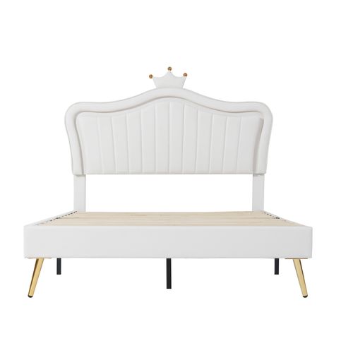 Lit Enfant 140x200 Cm Blanc Tête De Lit Coquille Couronne Avec LED Et Sommier à Lattes
