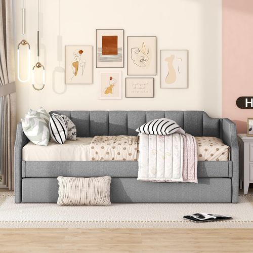 Lit Enfant 90x200 Cm En Coton-lin Gris + Lit Gigogne 90x190 Cm Avec Roulettes Et Sommiers à Lattes