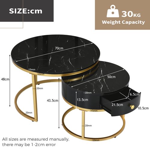 Set 2 Tables Gigognes Rondes Motif Marbre Noir, Plateau Laqué Et Piétement Métal Doré
