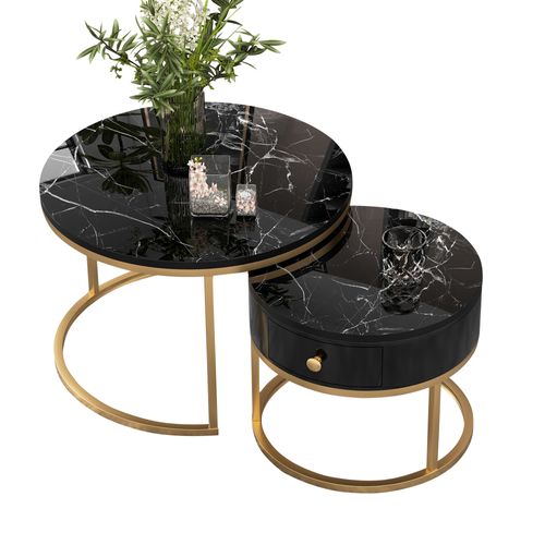 Set 2 Tables Gigognes Rondes Motif Marbre Noir, Plateau Laqué Et Piétement Métal Doré