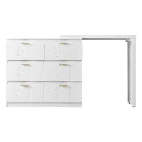 Coiffeuse 80x40 Cm, 6 Tiroirs, Plateau Pivotant 180°, Mdf Et Acier, Blanc Et Doré, Motif Floral
