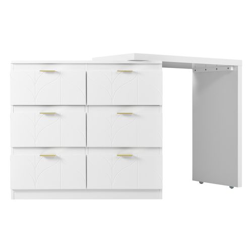 Coiffeuse 80x40 Cm, 6 Tiroirs, Plateau Pivotant 180°, Mdf Et Acier, Blanc Et Doré, Motif Floral