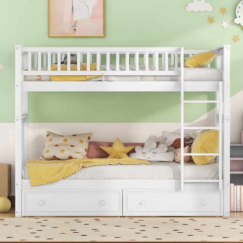 Lit Superposé Enfant 90x200 Cm Convertible En 2 Lits Pin Blanc Avec 2 Tiroirs Et Sommiers à Lattes
