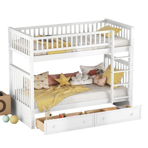 Lit Superposé Enfant 90x200 Cm Convertible En 2 Lits Pin Blanc Avec 2 Tiroirs Et Sommiers à Lattes