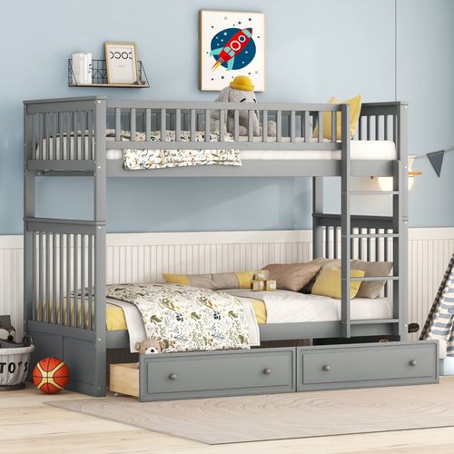 Lit Superposé Enfant 90x200 Cm Convertible En 2 Lits Pin Gris Avec 2 Tiroirs Et Sommiers à Lattes
