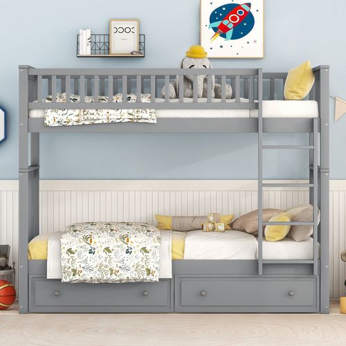 Lit Superposé Enfant 90x200 Cm Convertible En 2 Lits Pin Gris Avec 2 Tiroirs Et Sommiers à Lattes