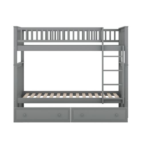 Lit Superposé Enfant 90x200 Cm Convertible En 2 Lits Pin Gris Avec 2 Tiroirs Et Sommiers à Lattes