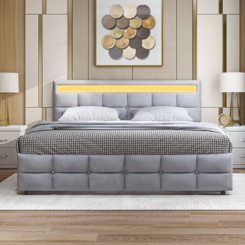 Lit Adulte 180x200 Cm En Velours Gris Avec 4 Tiroirs De Rangement Et Éclairage LED
