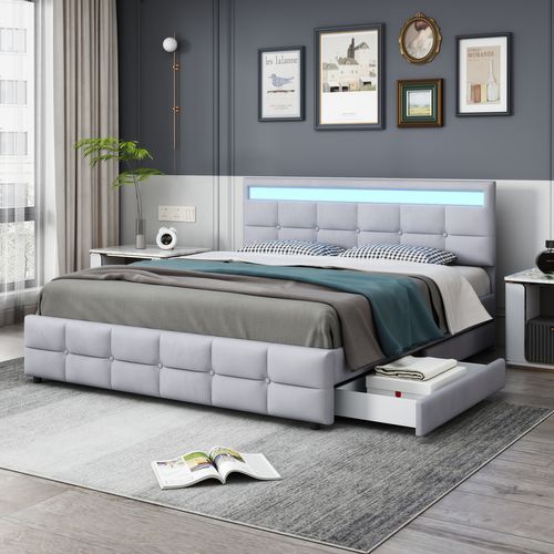 Lit Adulte 180x200 Cm En Velours Gris Avec 4 Tiroirs De Rangement Et Éclairage LED