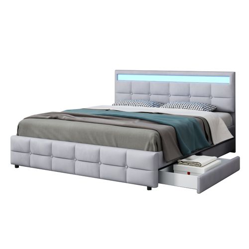 Lit Adulte 180x200 Cm En Velours Gris Avec 4 Tiroirs De Rangement Et Éclairage LED