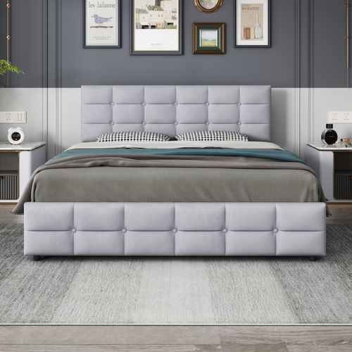 Lit Adulte 180x200 Cm En Velours Gris Avec 4 Tiroirs Et Sommier à Lattes