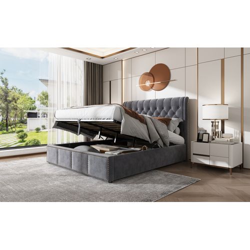 Lit Adulte Coffre 140x200 Cm En Velours Gris Avec Rangements, Sommier à Lattes