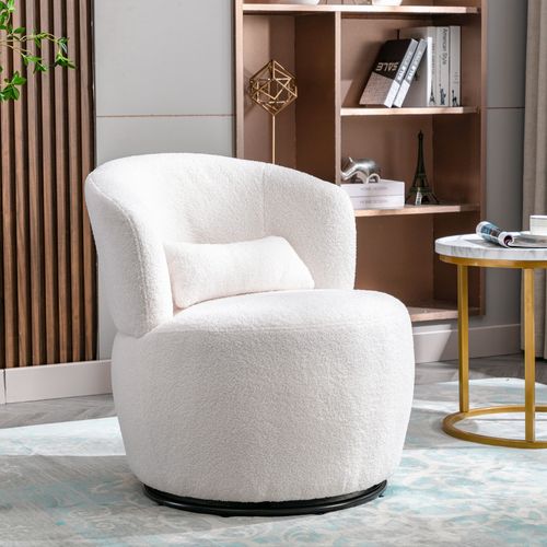 Fauteuil Pivotant 360° En Tissu Teddy Blanc Avec Appui Lombaire - 65×70×73 Cm