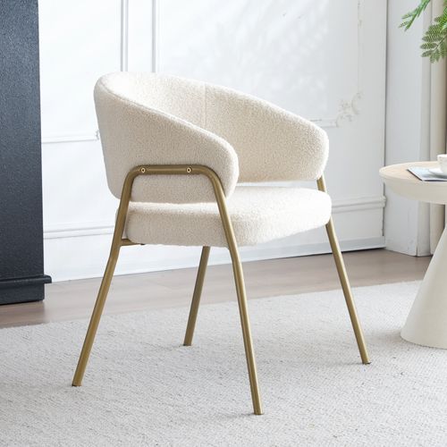 Chaise De Salle à Manger Blanche En Tissu Bouclé, Pieds Métal Dorés, Design Moderne