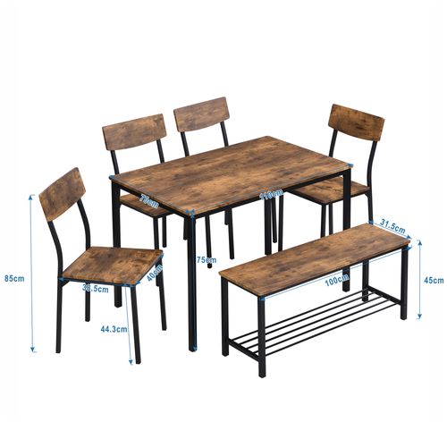 Table à Manger 6 Personnes Avec 4 Chaises Et Banquette Rangement, Métal Noir Et Bois Brun