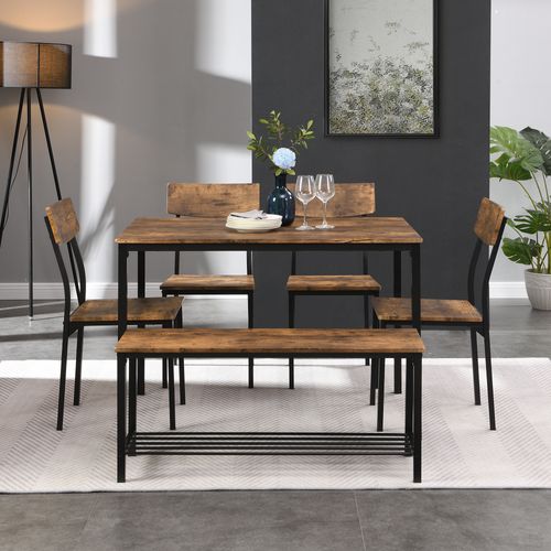 Table à Manger 6 Personnes Avec 4 Chaises Et Banquette Rangement, Métal Noir Et Bois Brun