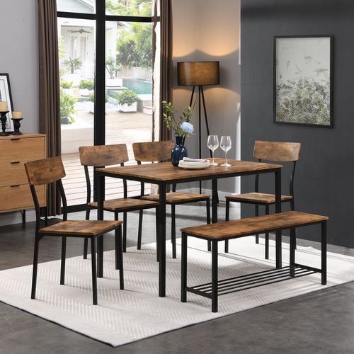 Table à Manger 6 Personnes Avec 4 Chaises Et Banquette Rangement, Métal Noir Et Bois Brun