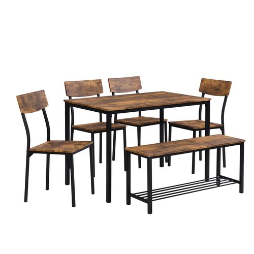 Table à Manger 6 Personnes Avec 4 Chaises Et Banquette Rangement, Métal Noir Et Bois Brun