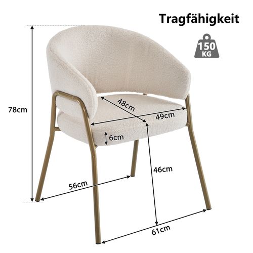 Lot De 4 Chaises De Salle à Manger Blanche En Tissu Bouclé, Dossier Ajouré, Pieds Métal Doré
