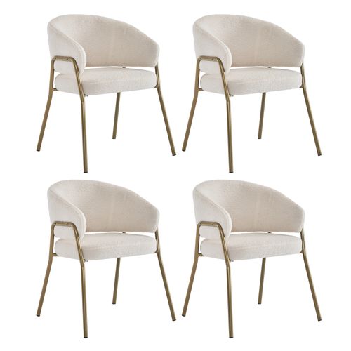 Lot De 4 Chaises De Salle à Manger Blanche En Tissu Bouclé, Dossier Ajouré, Pieds Métal Doré