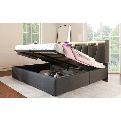 Lit Adulte 160x200 Cm LED Avec Rangements, Ports USB, Lin Gris, Sommier à Lattes