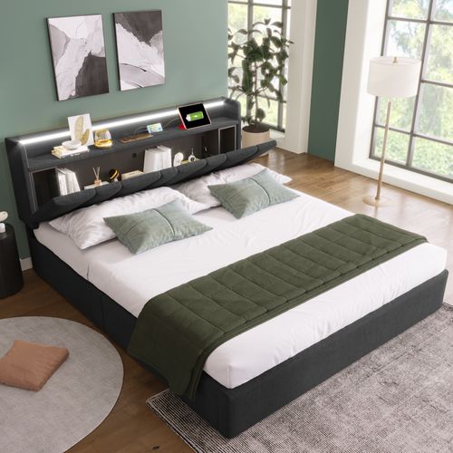 Lit Adulte 160x200 Cm LED Avec Rangements, Ports USB, Lin Gris, Sommier à Lattes