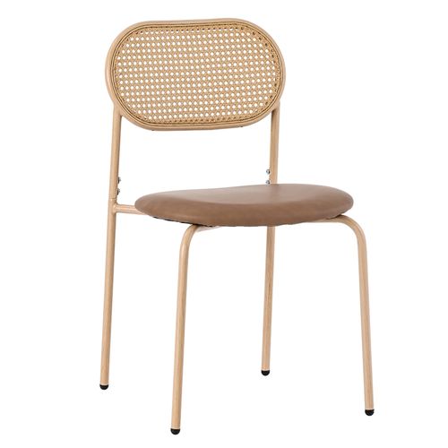 Lot De 4 Chaises Salle à Manger Rotin, Assise Pu Brun, Pieds Métal
