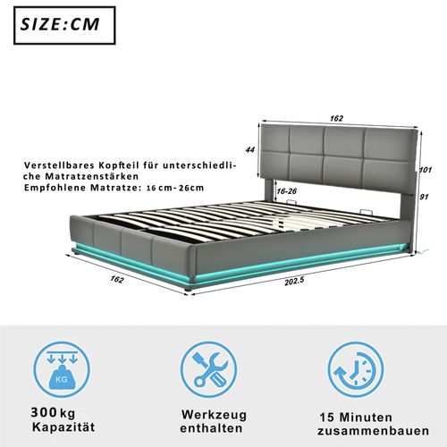 Lit Coffre Adulte 160x200 Cm Avec LED Et Rangement, Tête De Lit Réglable, Similicuir Gris