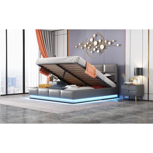 Lit Coffre Adulte 160x200 Cm Avec LED Et Rangement, Tête De Lit Réglable, Similicuir Gris