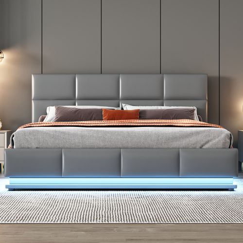 Lit Coffre Adulte 160x200 Cm Avec LED Et Rangement, Tête De Lit Réglable, Similicuir Gris