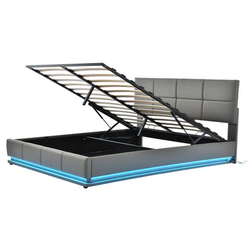Lit Coffre Adulte 160x200 Cm Avec LED Et Rangement, Tête De Lit Réglable, Similicuir Gris