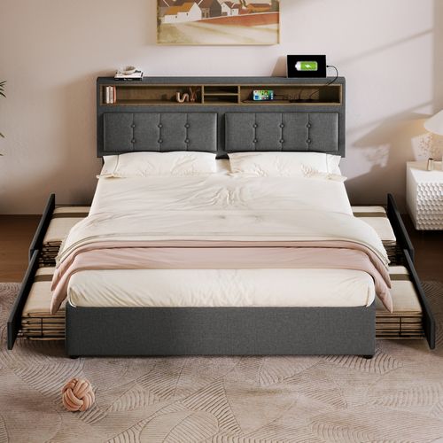 Lit Adulte 160x200 Cm Tissu Lin Avec 4 Tiroirs De Rangement Et Ports USB, Gris