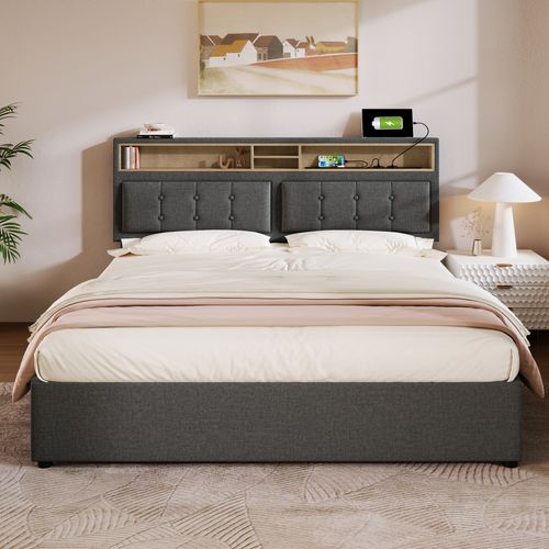 Lit Adulte 160x200 Cm Tissu Lin Avec 4 Tiroirs De Rangement Et Ports USB, Gris