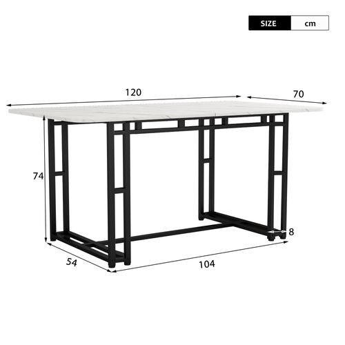 Table à Manger 4–6 Personnes 120x70 Cm Plateau Blanc, Pieds Métal Noirs