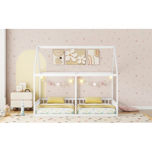 Lit Cabane Enfant 90x200 Cm 2-en-1 En Pin Blanc Avec Sommier à Lattes, 2 Couchages