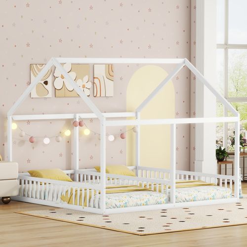 Lit Cabane Enfant 90x200 Cm 2-en-1 En Pin Blanc Avec Sommier à Lattes, 2 Couchages