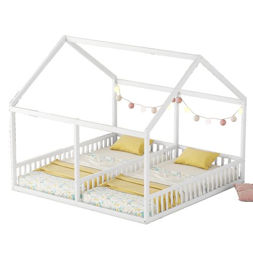 Lit Cabane Enfant 90x200 Cm 2-en-1 En Pin Blanc Avec Sommier à Lattes, 2 Couchages