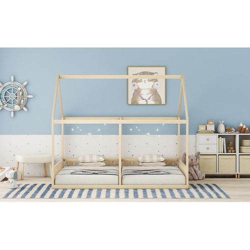 Lit Enfant 90x200 Cm Style Cabane En Pin Naturel Avec Barrières Et Sommier à Lattes, 2 Couchages