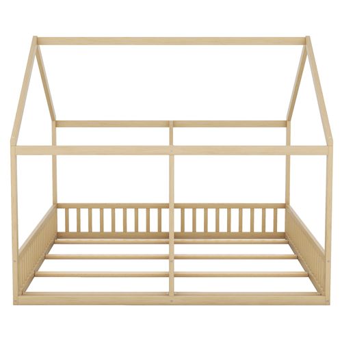 Lit Enfant 90x200 Cm Style Cabane En Pin Naturel Avec Barrières Et Sommier à Lattes, 2 Couchages