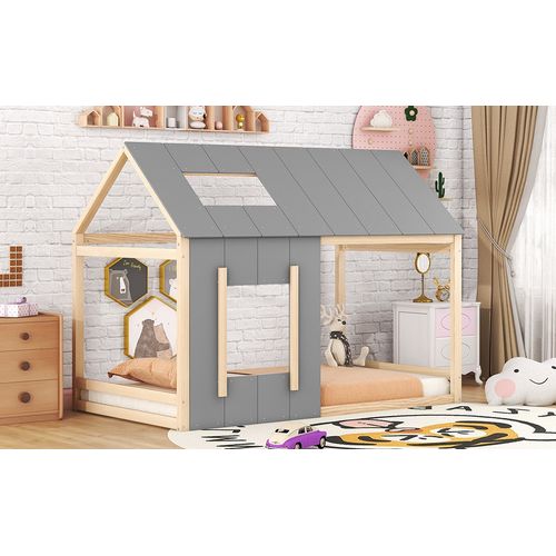 Lit Cabane Enfant 90x200 Cm En Pin Naturel Et Gris Avec Toit Et Fenêtre