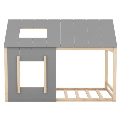 Lit Cabane Enfant 90x200 Cm En Pin Naturel Et Gris Avec Toit Et Fenêtre