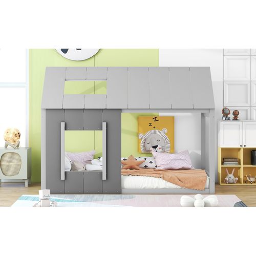 Lit Enfant Cabane 90x200 Cm En Pin Gris Avec Toit Et Fenêtre