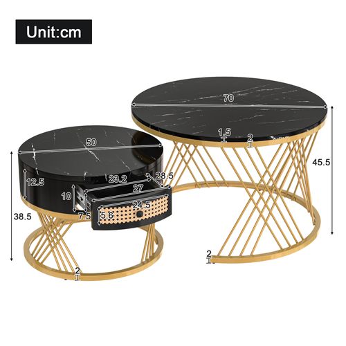 Tables Basses Rondes Noires 70x70x45,5 + 50x50x38,5 Cm, Effet Marbre, Tiroir, Pieds Métal Doré
