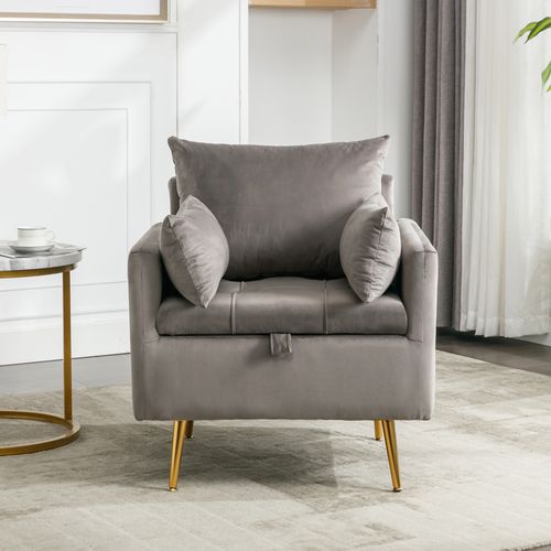 Fauteuil Velours Gris Avec Coffre De Rangement Et 3 Coussins, Pieds Métal Dorés